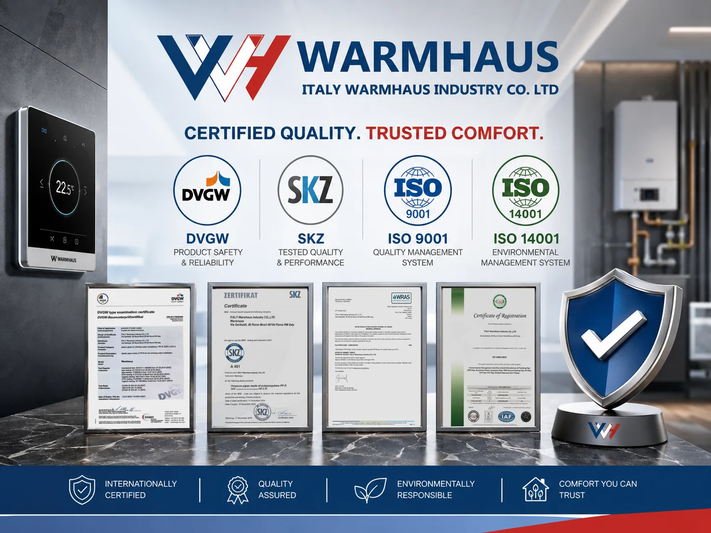 WARMHAUS certificate set showing CE, SGS, ISO 9001 and ISO 14001 marks
