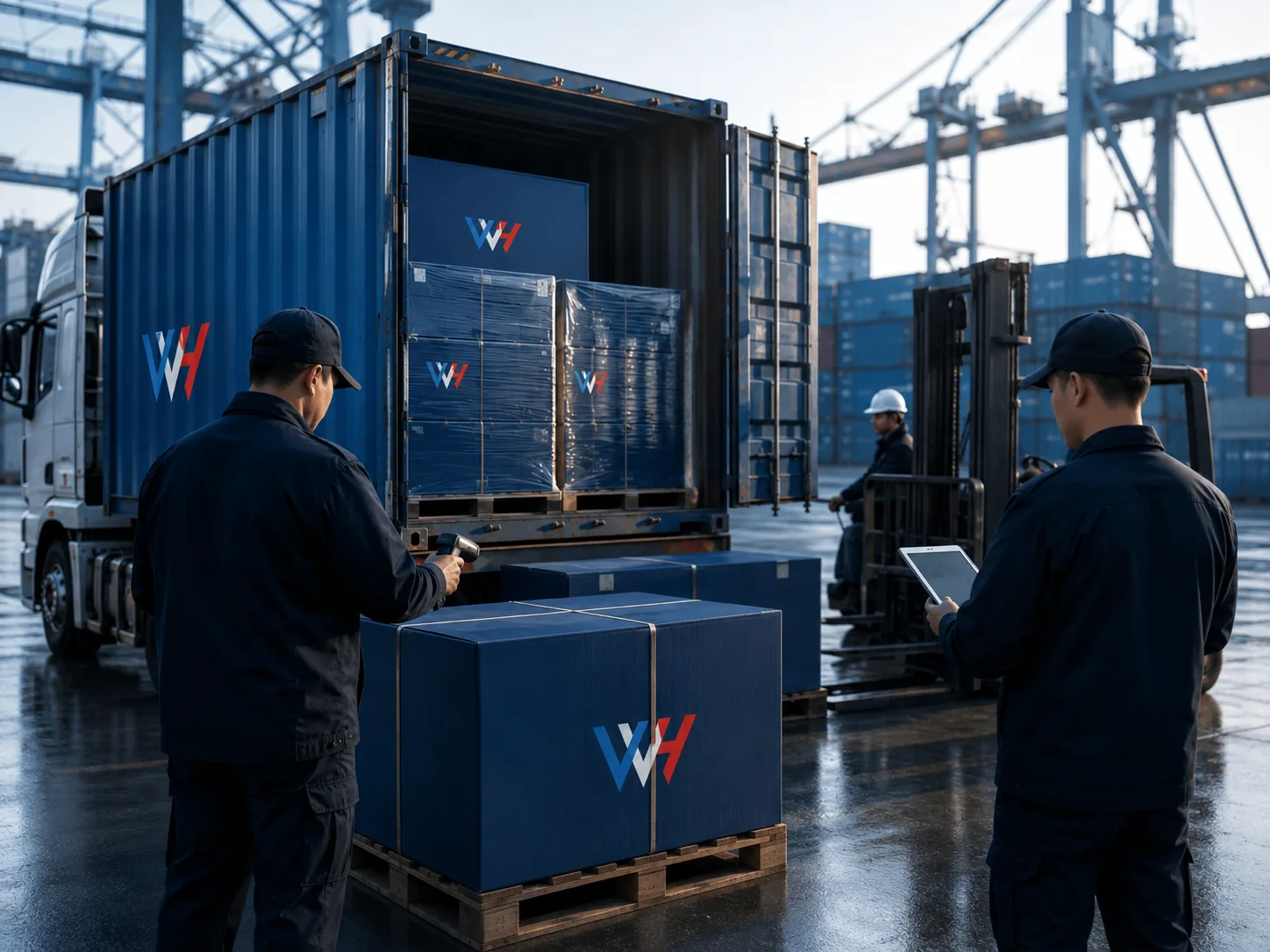 Workers loading WARMHAUS pipe pallets into an export container bound for the Gulf