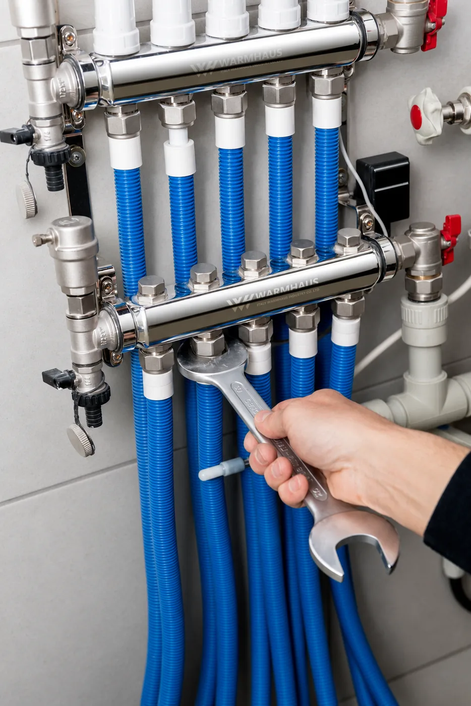 Installer connecting underfloor heating loops to a brass manifold with flow meters in a wall cabinet