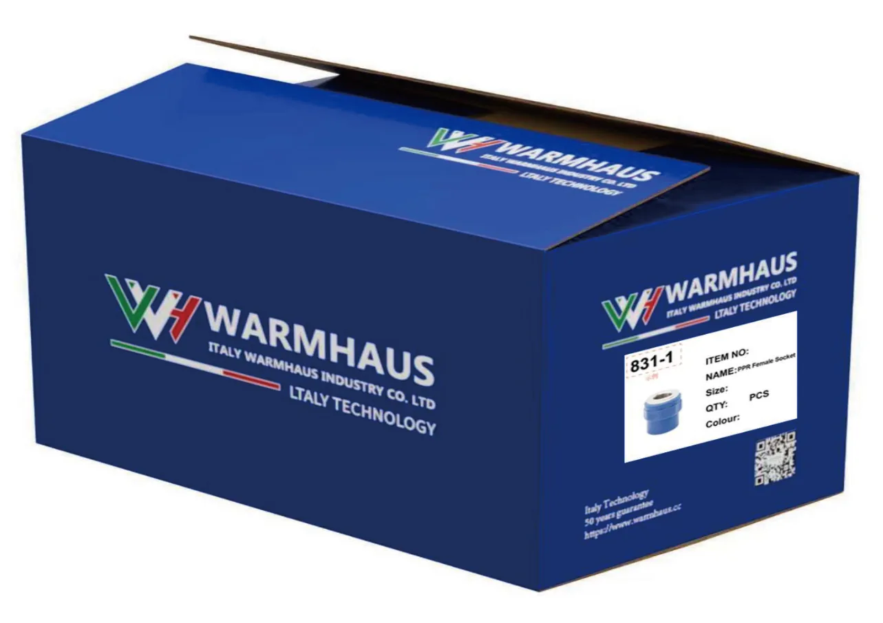 Close view of WARMHAUS branded outer cartons and bagged fittings prepared for a Gulf-bound container, showing labelled unit packs