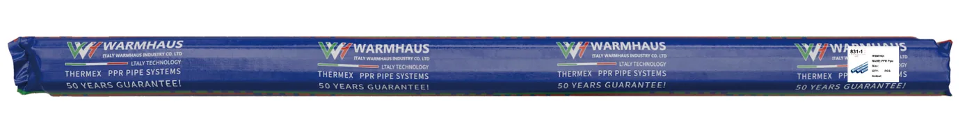 WARMHAUS export packaging for a PPR consignment — printed cartons, bagged fittings and wrapped coils ready for container loading