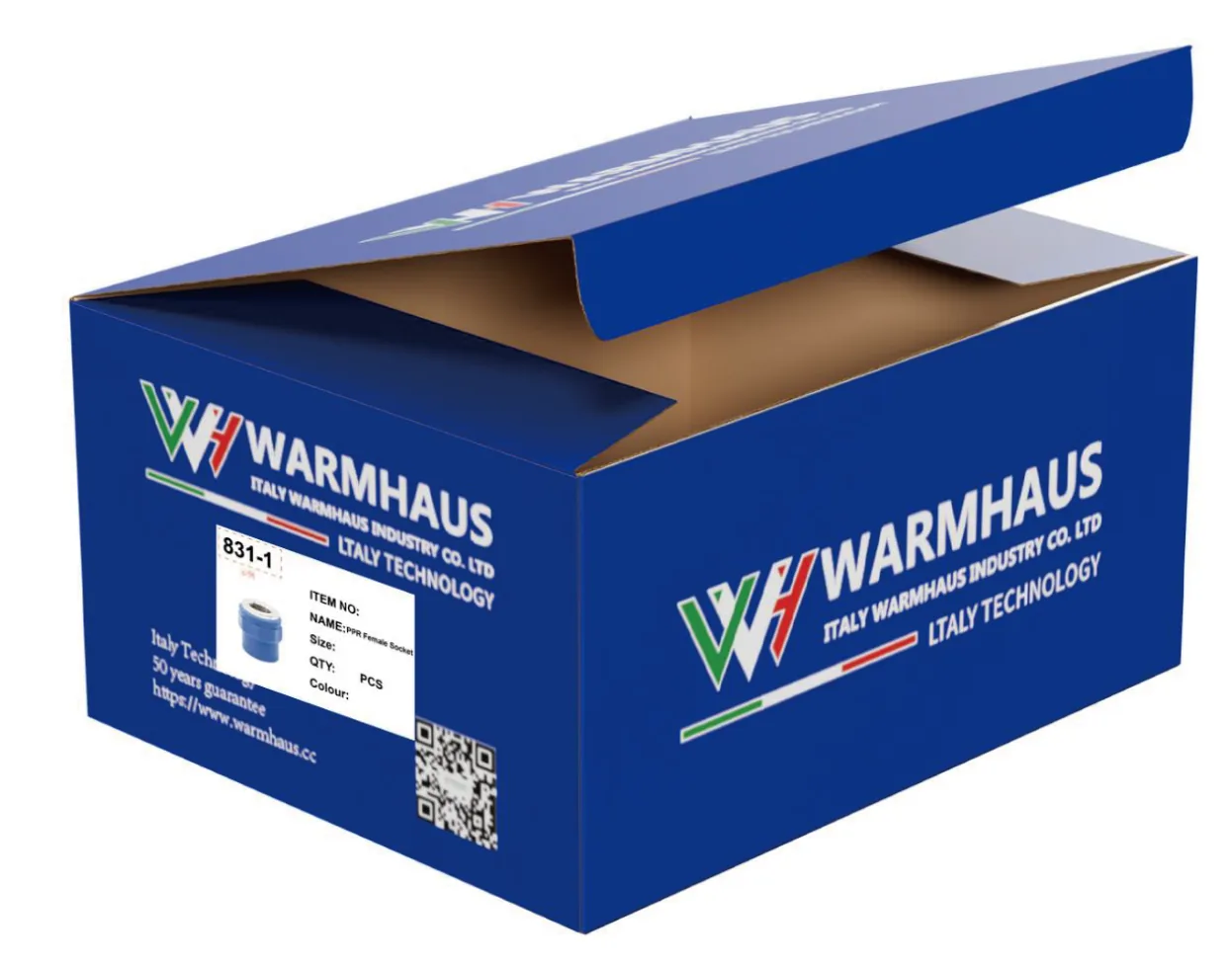WARMHAUS export packaging ready for despatch — printed cartons, polythene bags and wrapped pipe coils stacked together