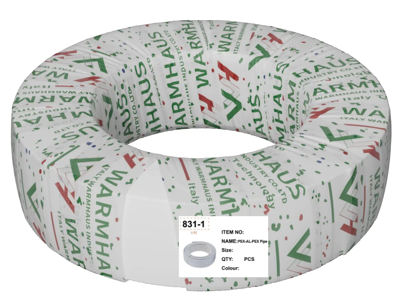 WARMHAUS export packaging for pipe and fittings — printed carton, polybag and coil wrap prepared for shipment