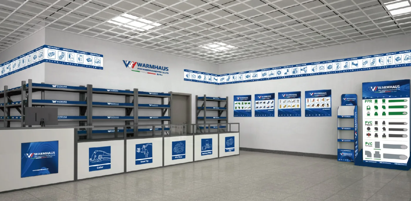 WARMHAUS branded point-of-sale display material presenting manifold and underfloor heating components for a distributor showroom