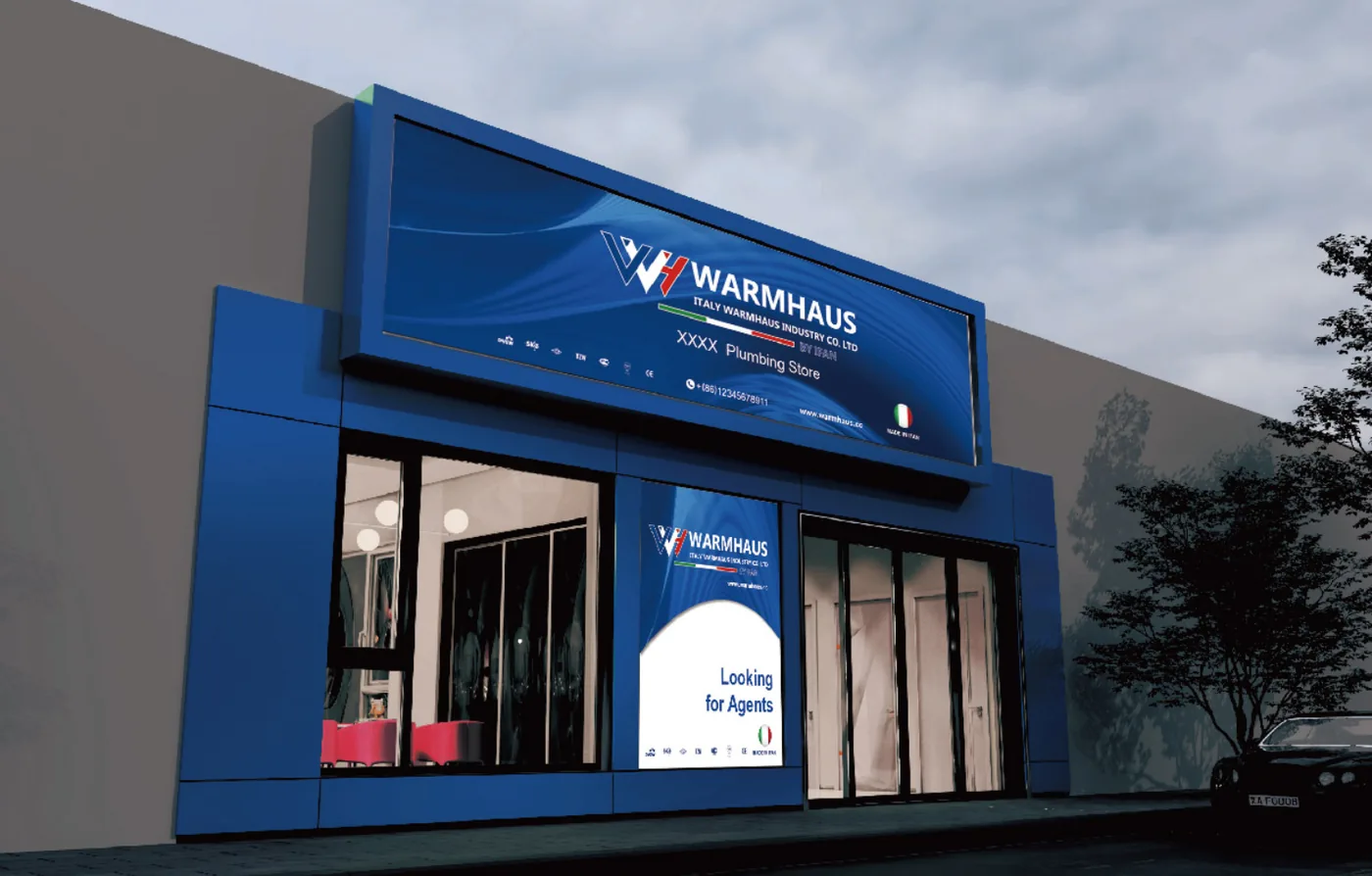 Distributor display panel with WARMHAUS branding arranging manifold accessories and pipe adaptors for the trade counter