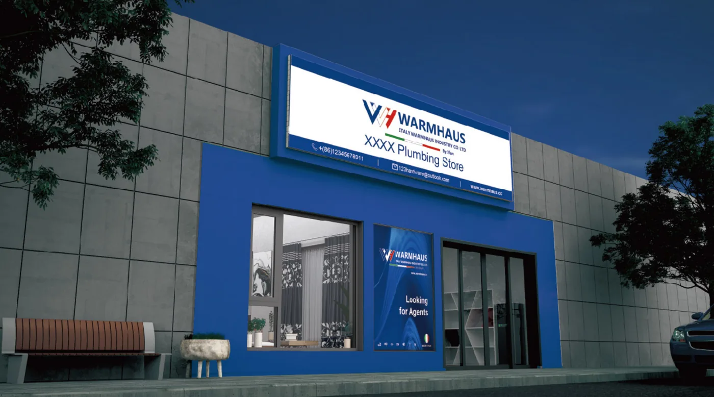 Second WARMHAUS point-of-sale display unit showing branded shelf presentation for a plumbing distributor