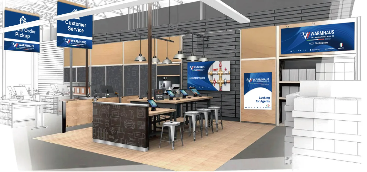 Branded WARMHAUS distributor display board arranging PPR and PEX system components together for the trade counter