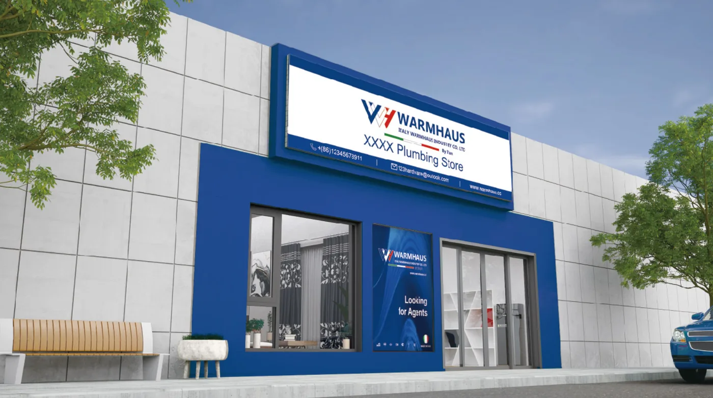 Second WARMHAUS branded distributor display unit presenting pipe, fittings and valve samples together as one supplier range