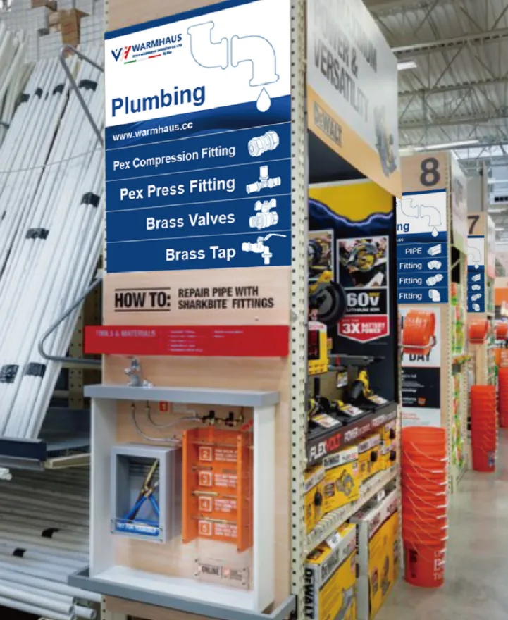 Branded point-of-sale material presenting a PPR system range including pipe, fittings and valves from one source
