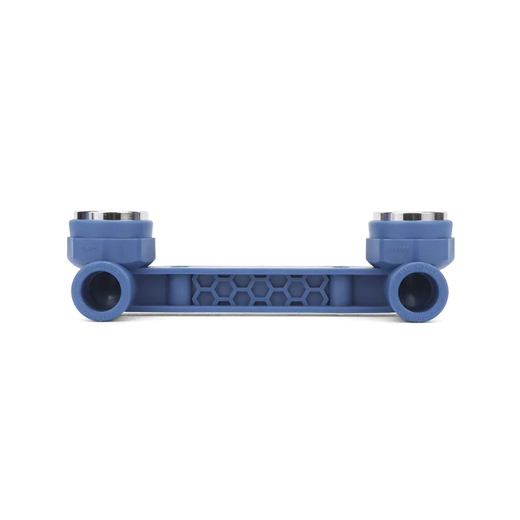 Blue wall-plate double outlet bar photographed on a white background, with two fixed centres for connecting outlets to a plate