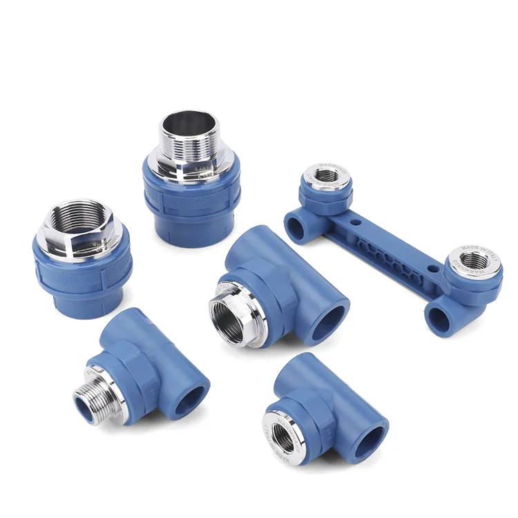 Group of blue PPR fittings with chrome-plated threaded inserts, arranged together as a product close-up