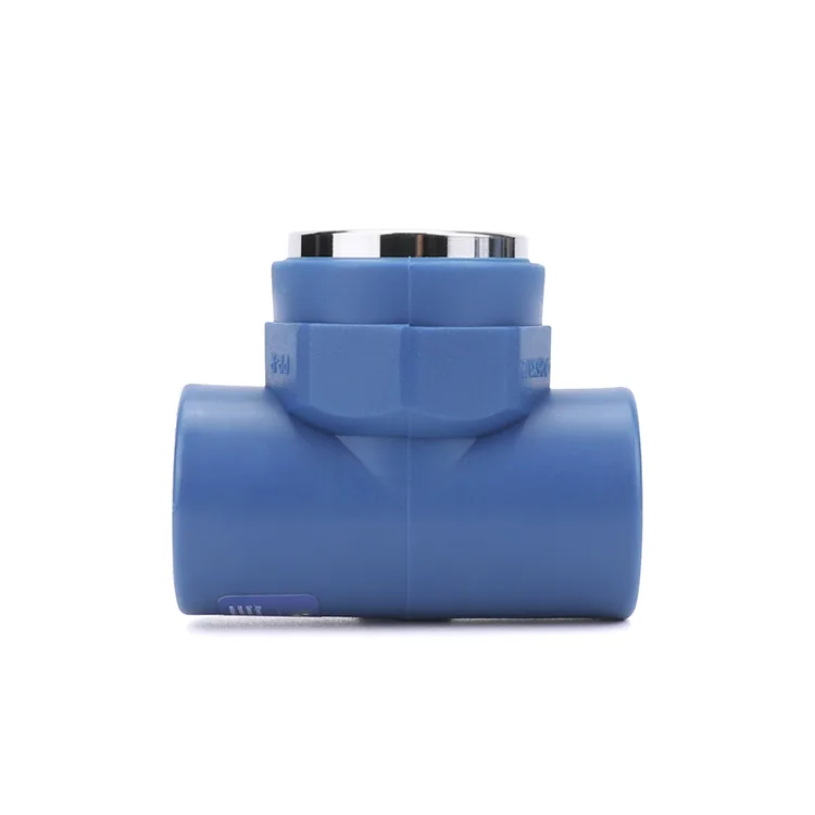 Blue PPR tee with chrome-plated threaded insert on a white background, the branch outlet carrying a metal thread inside the plastic body