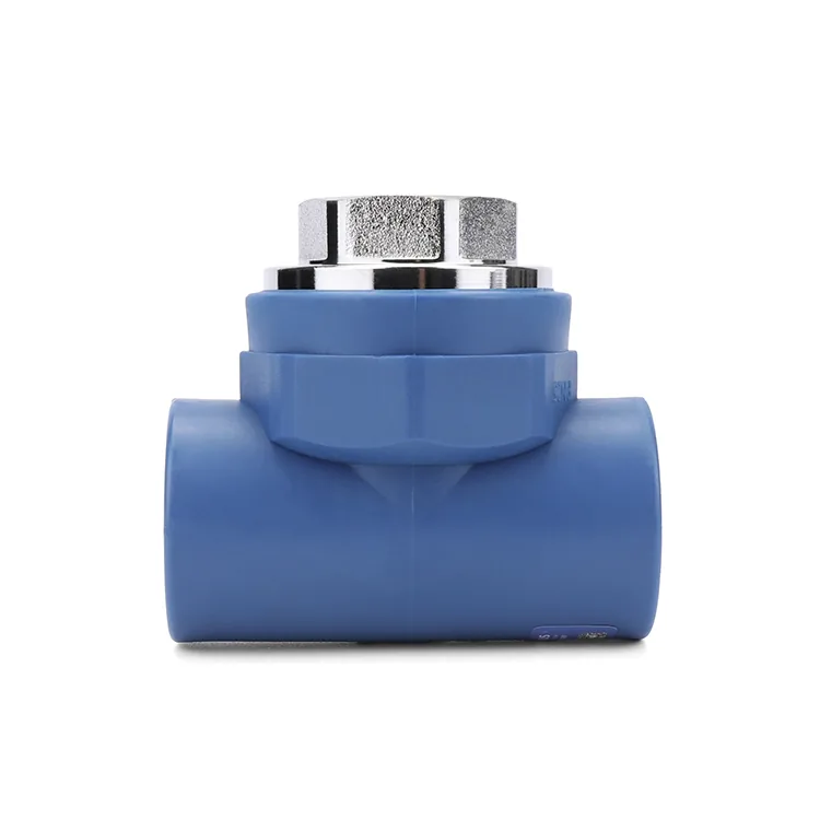 Blue PPR equal tee with a chrome-plated threaded insert, photographed as a product close-up on white