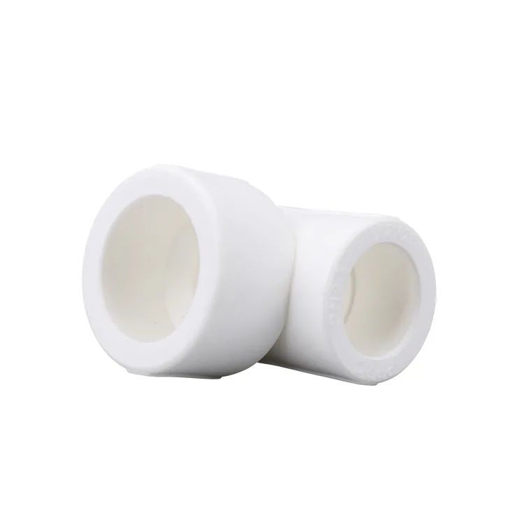 White PPR elbows in 90 and 45 degree forms photographed on a plain background, showing the socket bores at each end