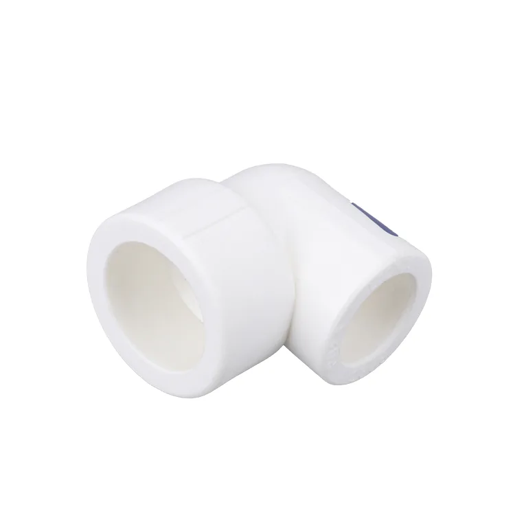 White PPR 90-degree and 45-degree elbows shown side by side as a product close-up on a plain background