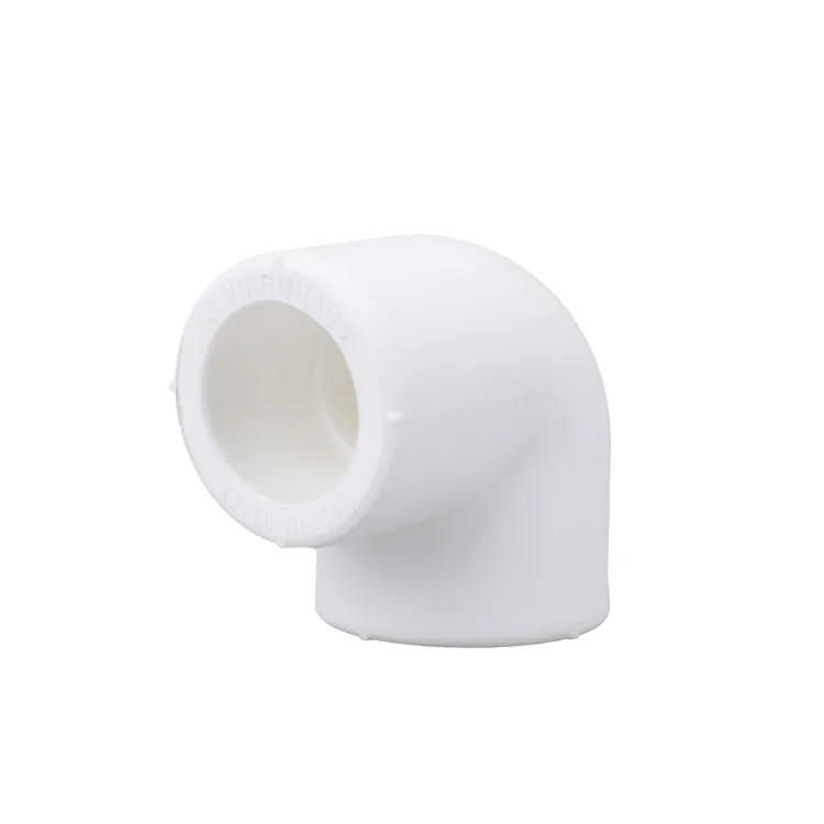 White PPR elbows in 90 and 45 degree forms on a plain background, a staple line item in a plumbing materials range
