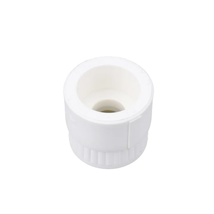 White PPR reducing socket on a plain background, showing the step between two fusion bores for a change of riser diameter