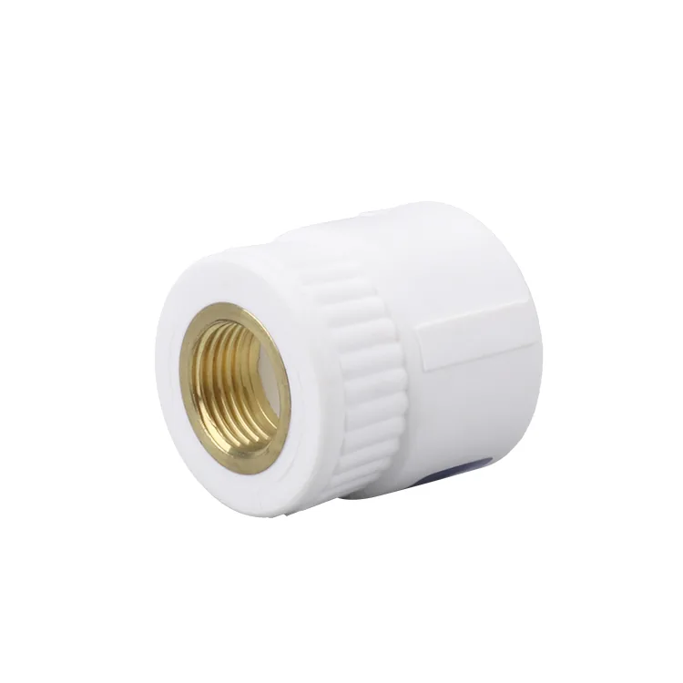 White PPR male-thread adapter fitting with a brass insert moulded into the body, shown on a plain background