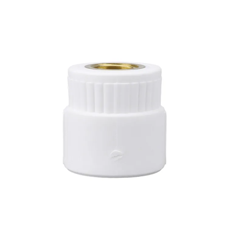White PPR threaded transition adapter with a moulded-in brass insert, photographed against a plain background