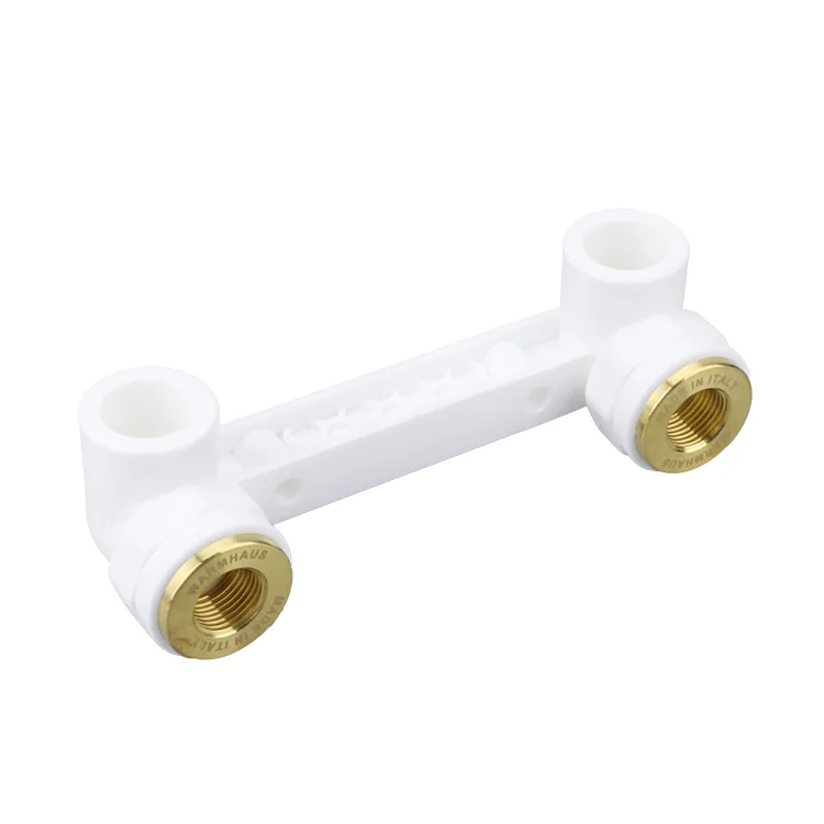 White twin wall-plate outlet elbow with brass threaded inserts photographed on a white background
