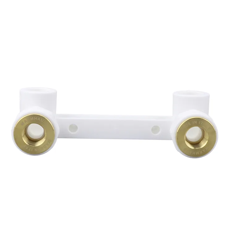 White wall-plate double outlet bar with brass inserts on a plain background, showing the threaded metal seats moulded into the plastic body