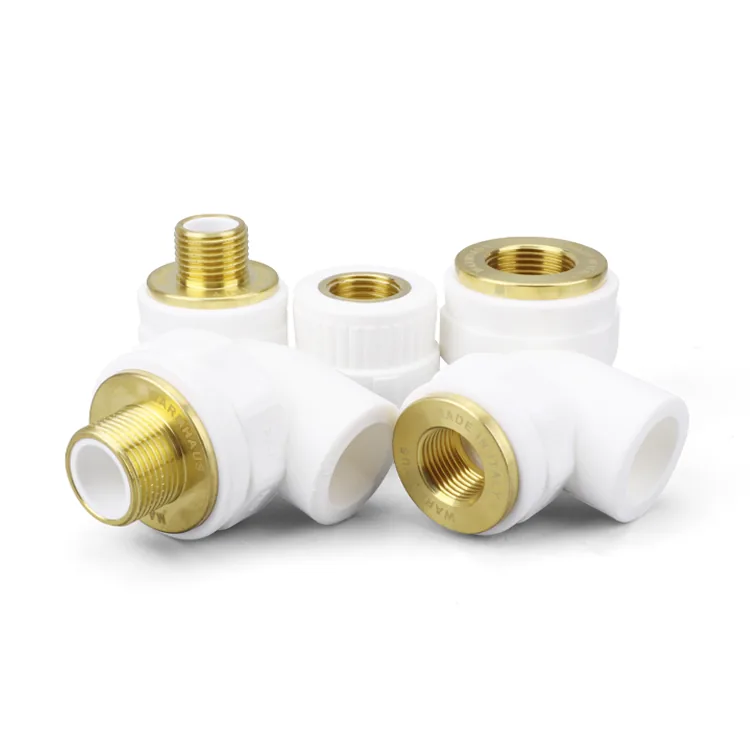 White polypropylene fittings with brass inserts photographed on a white background as carton-packed void fillers