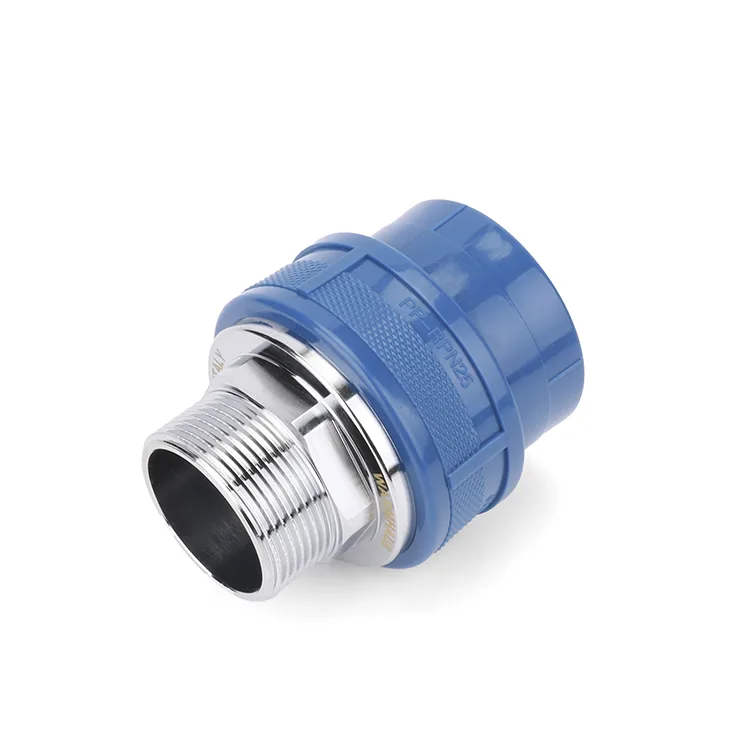 Blue PPR union fitting with a chromed metal insert shown on a white background, nut and seal visible