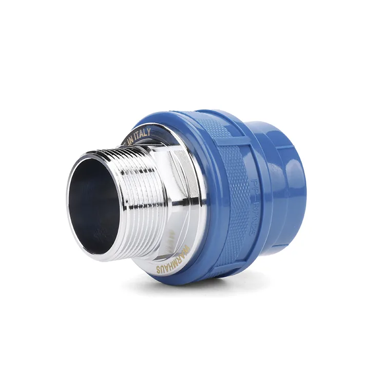 Blue PPR union fitting with a chrome-plated insert and seat, shown on a white background as an example of a product-level specification