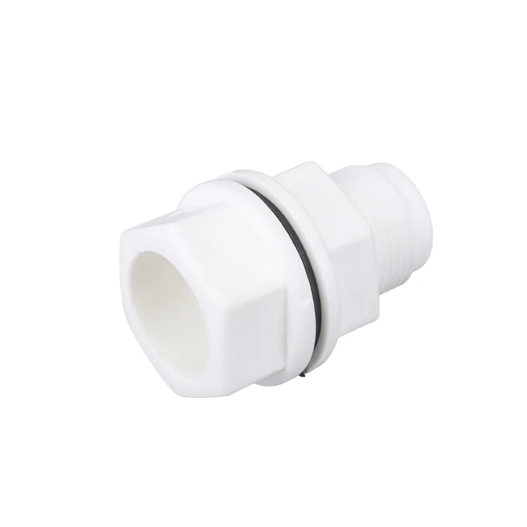 White PPR tank bulkhead connector fitting photographed against a plain white background