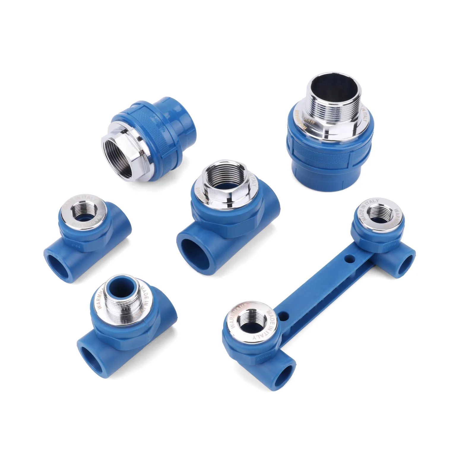 WARMHAUS PPR fittings range — elbows, tees, sockets and threaded adapters
