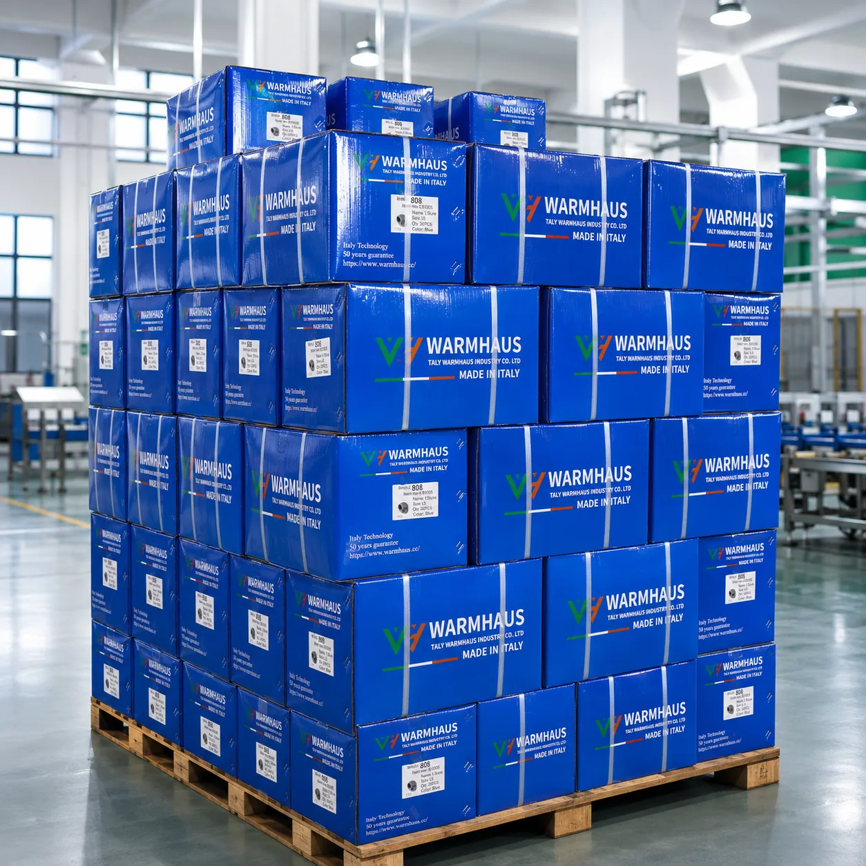 Pallet of boxed WARMHAUS PPR, PEX and brass products ready for export