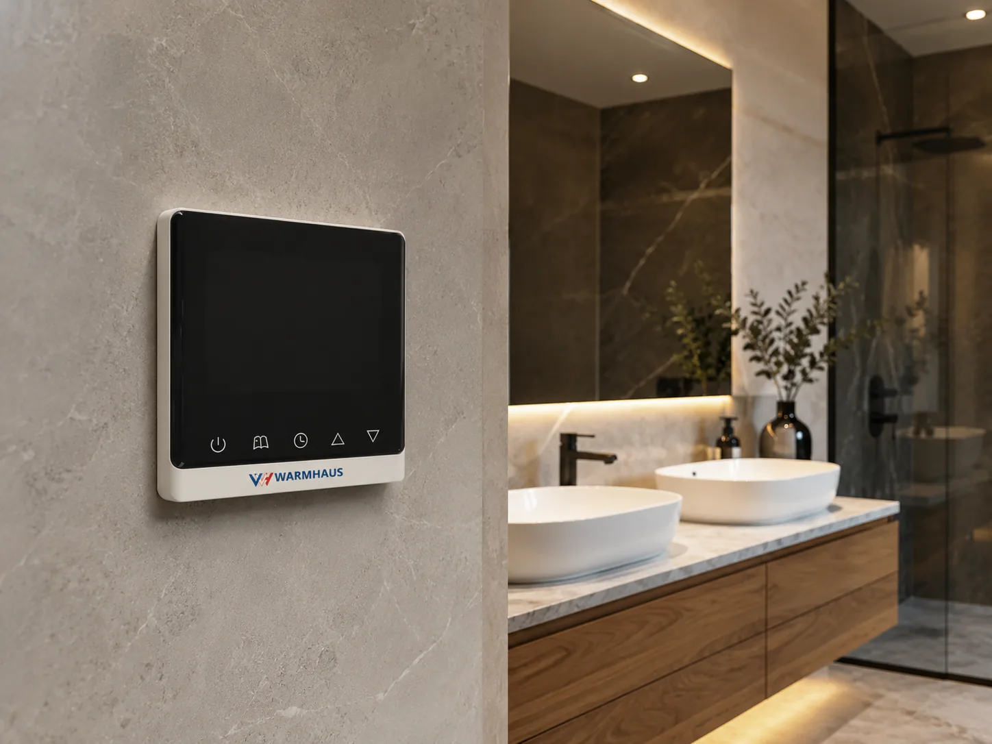 WARMHAUS room thermostat controlling underfloor heating in a bathroom